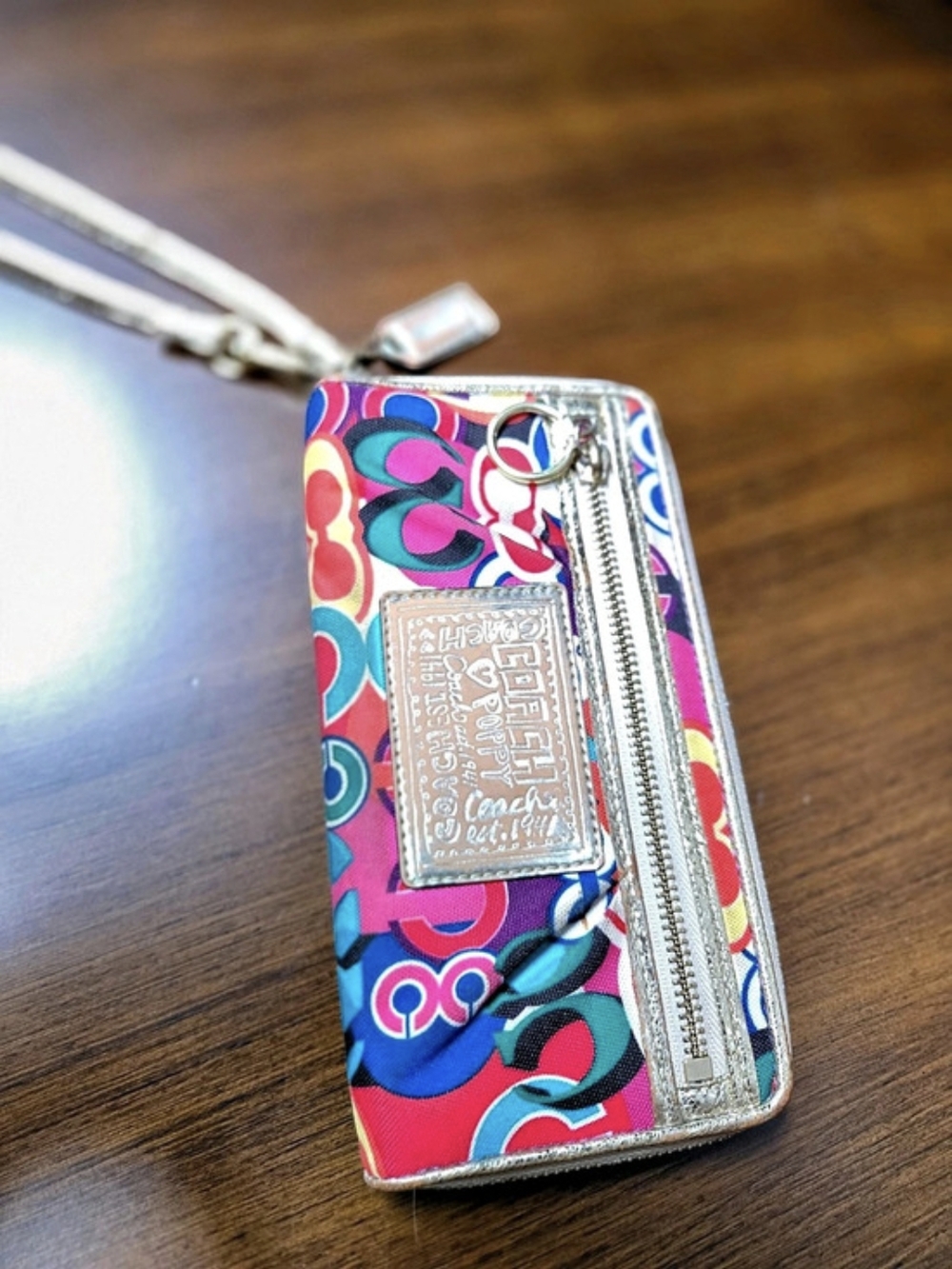 Coach Poppy Graffiti Double Zip Wristlet Wallet Pink & Blue